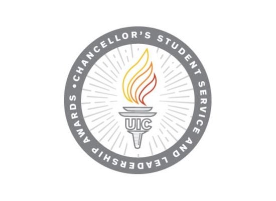 Circle with Chancellor's Student Serice and Leadership Awards on outside parameter of circle, and design of torch with UIC on handle and flames in yellow, orange, red