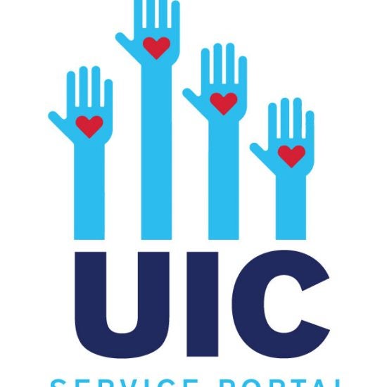 UIC Service Portal logo with four raised hands at various heights with red hearts in the palms, above the UIC acronym