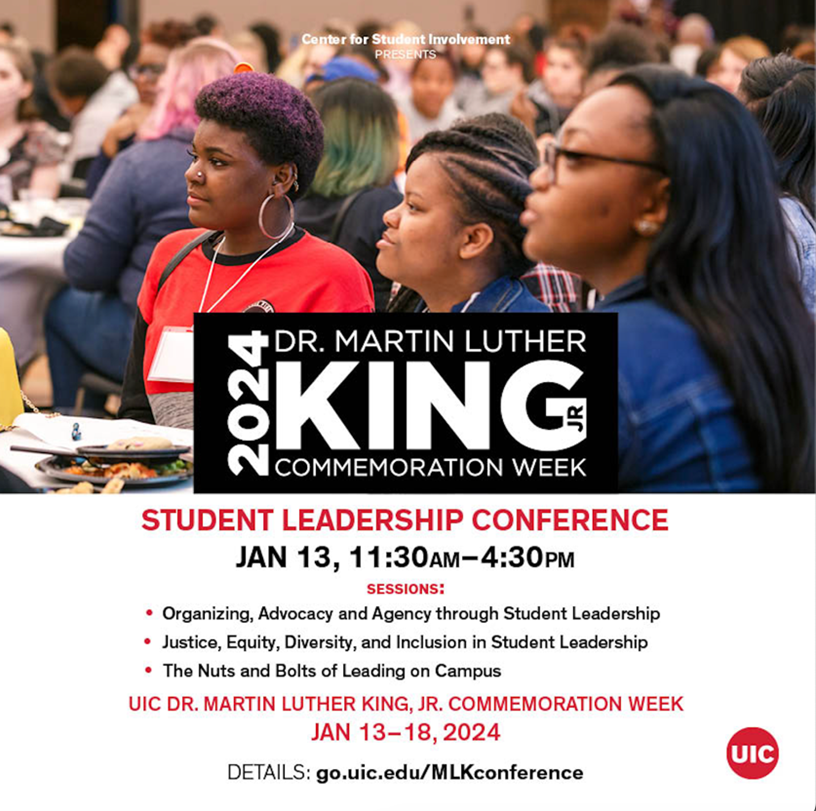 Conference image signifier: red flame icon on top of blue and red lettering that reads Student Leadership Conference with blue lines framing the lettering